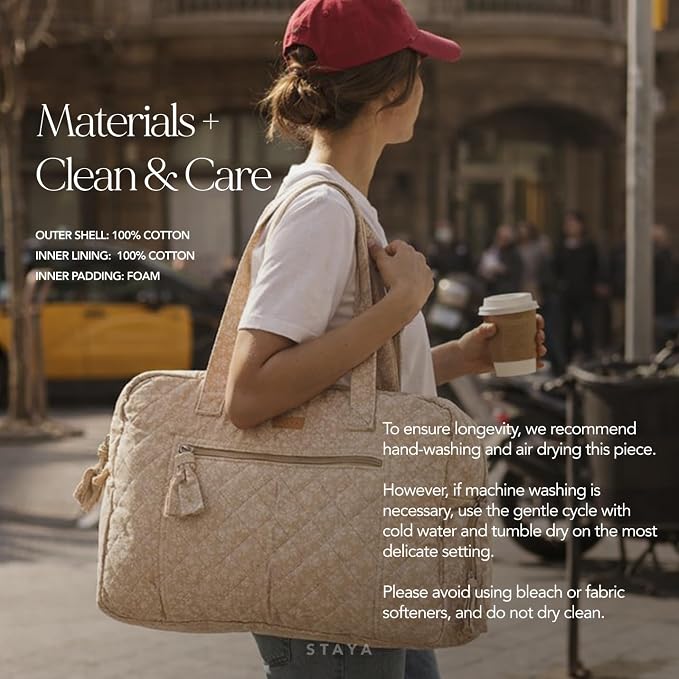 Staya Hospital Bag for Labor & Delivery - Quilted Weekender Bag for Women | Soft cotton quilted duffle, carry-on size, overnight & weekender bag, roomy with pockets, shoulder strap included - Image 8