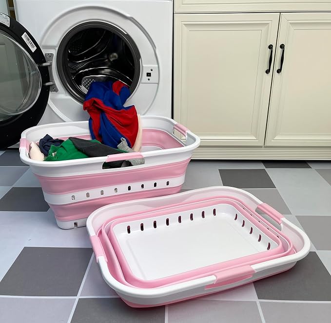 SAMMART 42 (11 Gallons) Collapsible Plastic Laundry Basket, Foldable Pop Up Storage Container/Organizer, Space Saving Hamper, Portable Bin for Dorm Room Bathroom (2, White/Cherry Pink) - Image 6