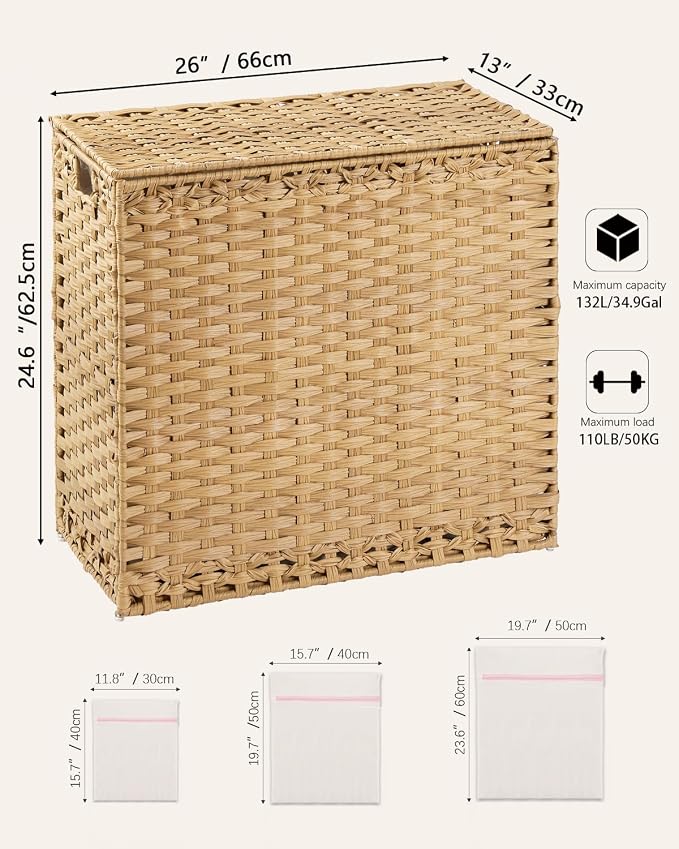 SETVSON Laundry Hamper with Lid Laundry Basket 132 L PE Rattan Natural | Decorative PE Rattan Furniture Look for Bedroom, Large Sorting Hamper with Lid, 4 Liners, 6 Mesh Bags, Steel Frame - Image 5