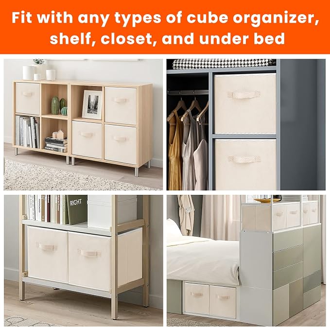 Storage Cubes - 11 Inch Heavy Duty Fabric Storage Bins for Shelves Closet Cube Organizer - 8 Pack Collapsible Cube Storage Bins Baskets for Clothes Blankets Toys - Nursery Organization (Beige) - Image 6
