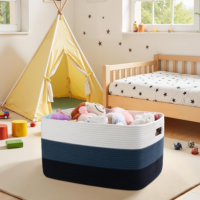 OIAHOMY Blanket Basket Laundry Basket Dog Toy Basket 75L Gradient Blue | Large Storage Basket,Baby Basket,Toy Storage,Woven Rope Basket for Blankets,Blanket Storage for Living Room - Image 9