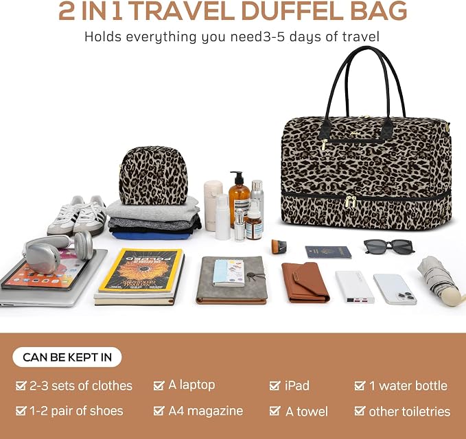 Travel Weekender Bags for Women: Duffel Bag with Shoe Compartment Overnight | 40L Capacity for 5 Day Trip Waterproof Durable Toiletry Bag Wet Pocket for Damp Items Suitable for Weekend Trips Hospital - Image 4