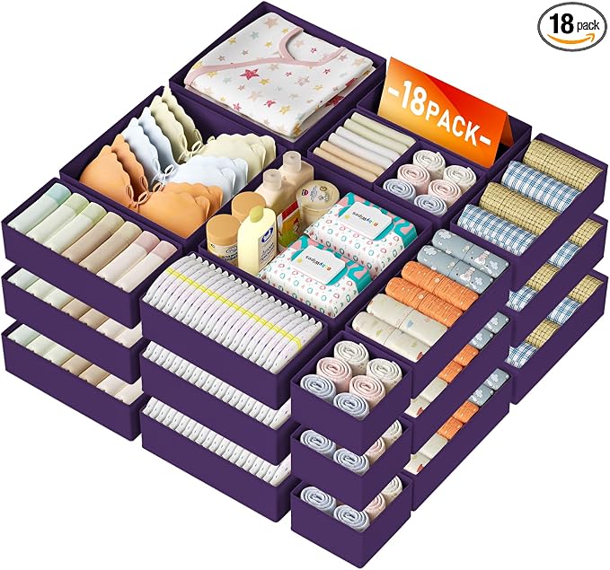 DIMJ Drawer Organizer Clothes Storage - 18 Pack Baby Dresser Organizer for Nursery, Foldable Closet Drawer Bins for Bedroom Organization, Fabric Storage Dividers for Socks, Underwears, Purple by DiMJ