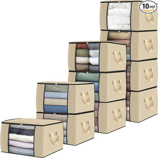 10 Pack Storage Bags for Clothes Blanket Storage Bins with Lids | Foldable Closet Organizers with Zippers,Window and Handles,Fabric Storage Bins for Sweater,Comforter,Bedding,Dorm essentials by Fabtotes