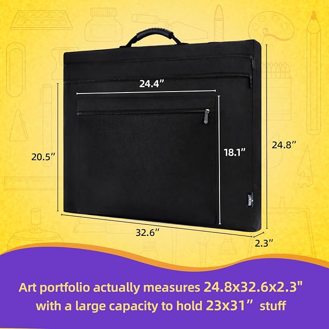 JJRING 23x31 Art Portfolio Tote Bag With Shoulder Strap, Black | Large Carrying Storage Case With Handle For Artwork, Posters, Canvas, And Drawing Boards - Image 2