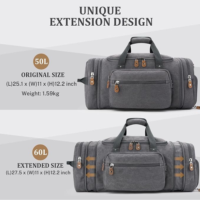 Gonex Canvas Duffle Bag, Expandable 60L Travel Overnight Weekender Bag | for Men, with Shoe Compartment, Multiple Pockets, Tear-Resistant, Durable Zippers, Detachable Strap, Gray - Image 3