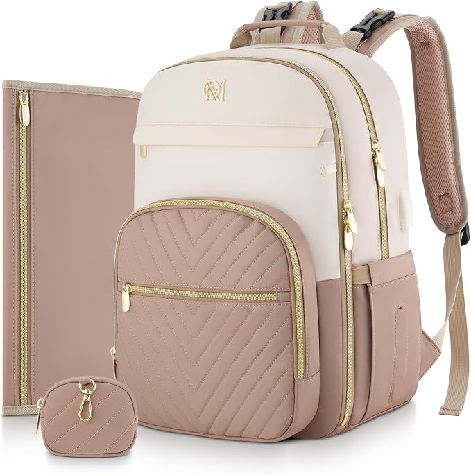 Diaper Bag Backpack, Quilted Baby Bag with Changing Pad & Stroller Straps & Pacifier Case, Large Travel Diaper Bags for Mom Dad, Khaki by MOMUVOOFFICIAL