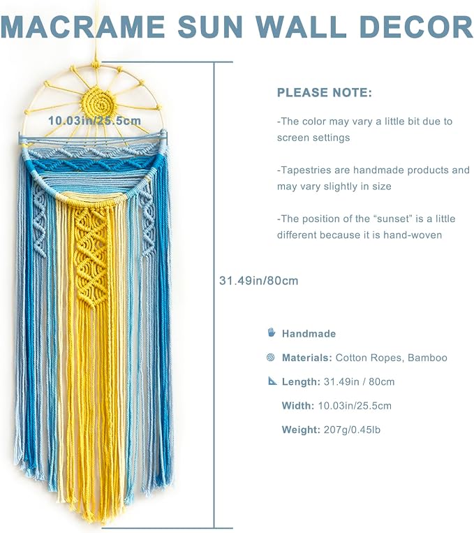 Artilady 2 Pack Macrame Hanging Tapestry Sun Wall Decor, Boho Dream Catcher | Large Tapestry, Handmade Woven, Farmhouse Rustic, Blue Sun Wall Art Set, Bedroom Living Room Entryway Home Decor - Image 4