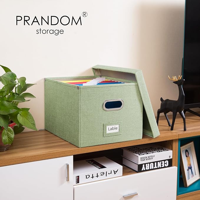 File Organizer Box - Set of 4 Collapsible Decorative Linen Filing Storage Hanging File Folders with Lids Office Cabinet Letter/Legal Size Green 17.1x14x11.1 inch - Image 3