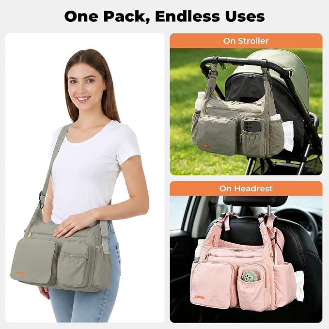 Puffy Crossbody Diaper Bag, 2-in-1 Stroller Caddy & Mom Purse, 13L Lightweight Travel Duffle Bag for Baby, Work Commute, Gym, Labor Delivery (Eucalyptus Gray) - Image 4