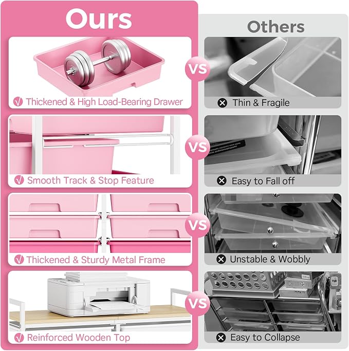 TOOLF 12 Drawers Rolling Storage Cart with Wooden Top for Classroom,Pink | Teacher Cart Craft Art Supply Organizer, Utility Cart with Lockable Wheels for Home Household Essentials, Office Organization - Image 7