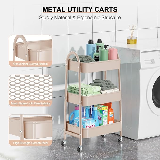 3 Tier Utility Rolling Cart, Metal Storage Cart with Handle and Lockable Wheels, Multifunctional Storage Organizer Trolley with Mesh Baskets for Kitchen, Living Room, Office, Garage (Beige) - Image 2
