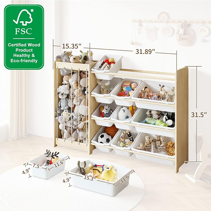 EXPERLAM Kids Toy Storage Organizer, 2-in-1 Stuffed Animal Storage & Toy Organizer w/12 Bins, Solid Wood Toy Rack Featuring Thicker Elastic Ropes to Hold Toys, Playroom Nursery Bedroom Storage, White - Image 2