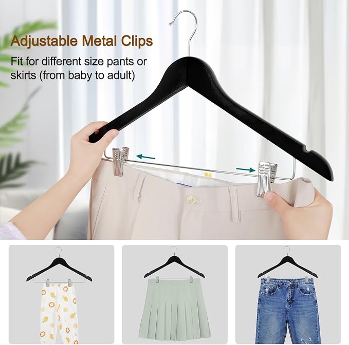 TOPIA HANGER Wooden Suit Hangers with Adjustable Metal Clips (20 Pack), Solid Wood Coat Hangers, 360° Swivel Hook, Premium Clothes Hangers for Jacket, Pant, Jeans, Blouse-Black, CT28B20 - Image 3
