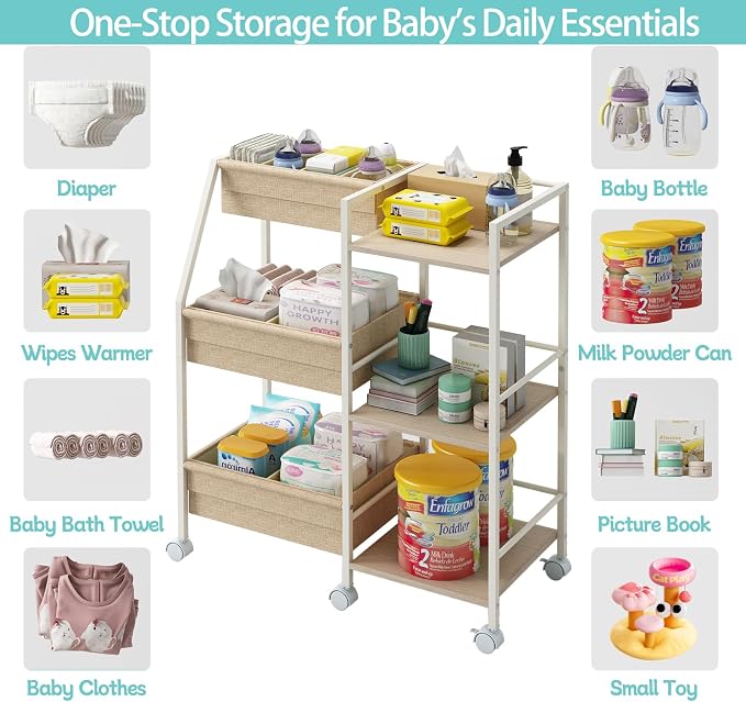 Rolling Nursery Diaper Caddy Organizer Cart, 3-Tier with Dividers - Image 5
