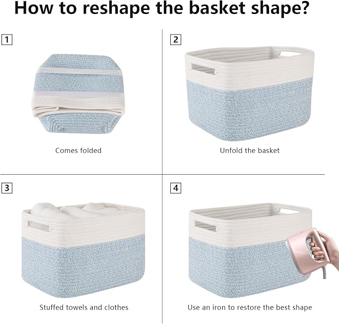 OIAHOMY 4 Pack Storage Basket, 13"x9"x7.8" Cotton Rope Baskets for Shelves, Closet Organizer for Bedroom & Living Room, Soft Decorative Bins for Organizing Towels, Books & Toys, Light Blue & White - Image 7