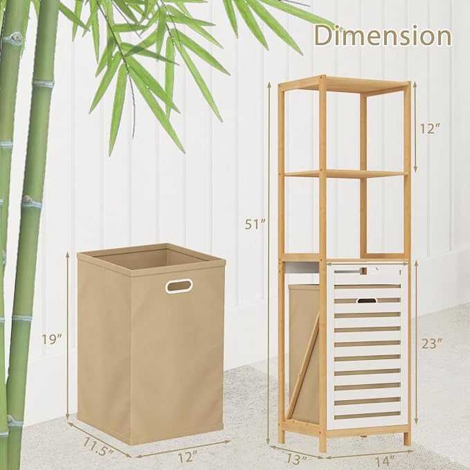 LOKO Bamboo Tilt-Out Laundry Hamper, 3-Tier Freestanding Laundry Basket with Shelf & Removable Liner, Laundry Sorter, 51" Tall Clothes Hamper Storage Organizer for Bathroom, Small Space, Natural - Image 5