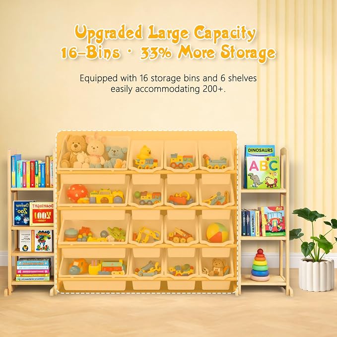 Kids Toy Storage Organizer with Bookshelf – Wooden Shelf with 16 Bins & 6 Shelves, Quick Assembly Storage Rack for Playroom, Bedroom, Nursery - White - Image 5