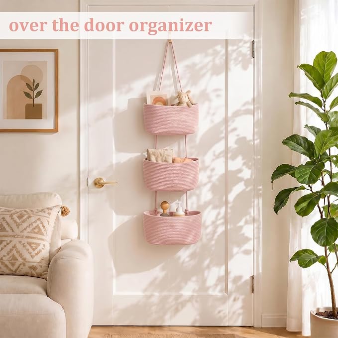 TeoKJ Over the Door Hanging Basket, 3-Tier Woven Cotton Wall-Mounted Storage Organizer Bag Decorative Hanging Nursery Baskets, Pink - Image 2