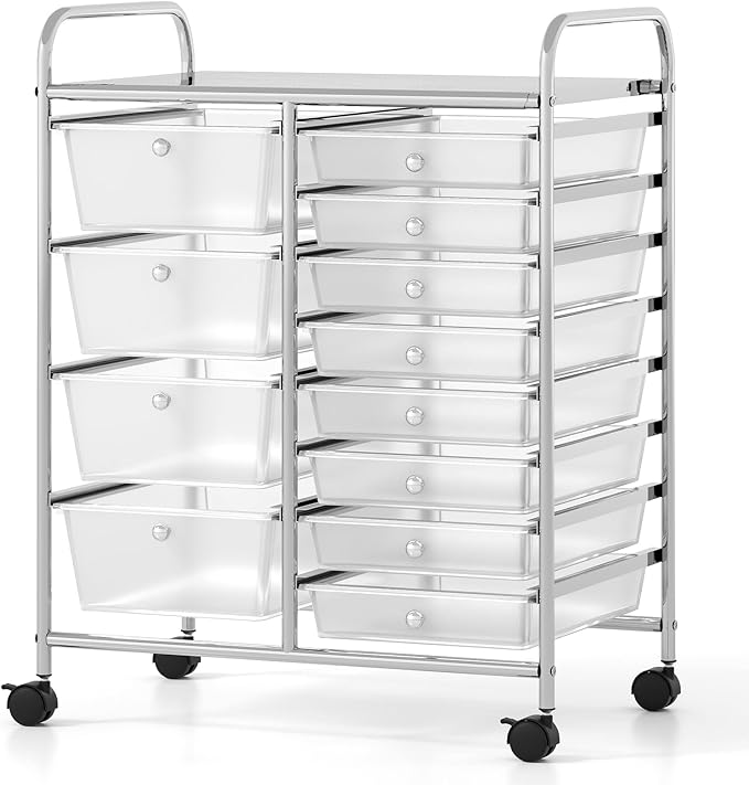 COSTWAY 12 Drawer Rolling Storage Cart, Utility Cart with Metal Frame | Mobile Art Supply Craft Organizer, Multipurpose Storage Organizer for Paper, Office, School Teacher, Classroom, Transparent by COSTWAY