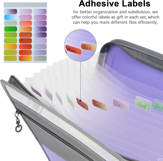NAFY Accordion File Organizer, 13 Pockets Expanding File Folder with Zipper, A4 Letter Size Portable Accordion Expanding File Folders with 27pcs Multicolor Labels for Office School Supplies (Lavender) - Image 5