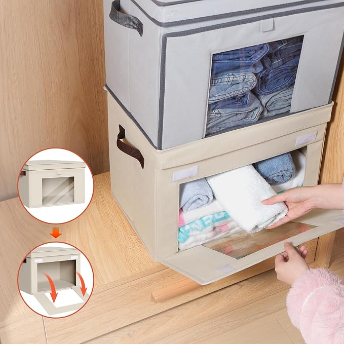 Univivi Front Opening Storage Bins with Lids for Closet, Beige, 4 Pack | Foldable Fabric Storage Cubes, Large Closet Organizers and Storage with Clear Window & Handles for Clothes Storage - Image 6