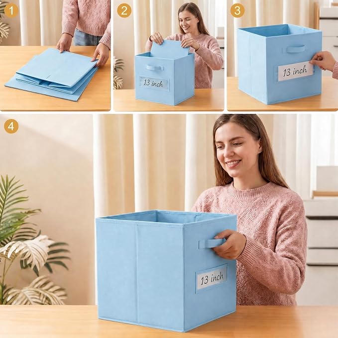 Storage Bins,13 Inch Cube Storage Bin with Labels,6pcs,Pastel Blue | Fabric Storage Cubes for Shelves,13 Inch storage cube bins with 6 Labels Window Cards & a Pen. - Image 5