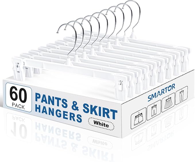 Skirt Hangers with Clips, 60 Pack White Pants Hangers | 12 Inch Plastic Clips Hangers Space-Saving Closet Organizer for Skirts, Shorts, Jeans with 360° Swivel Hook & Non-slip Clips by Smartor