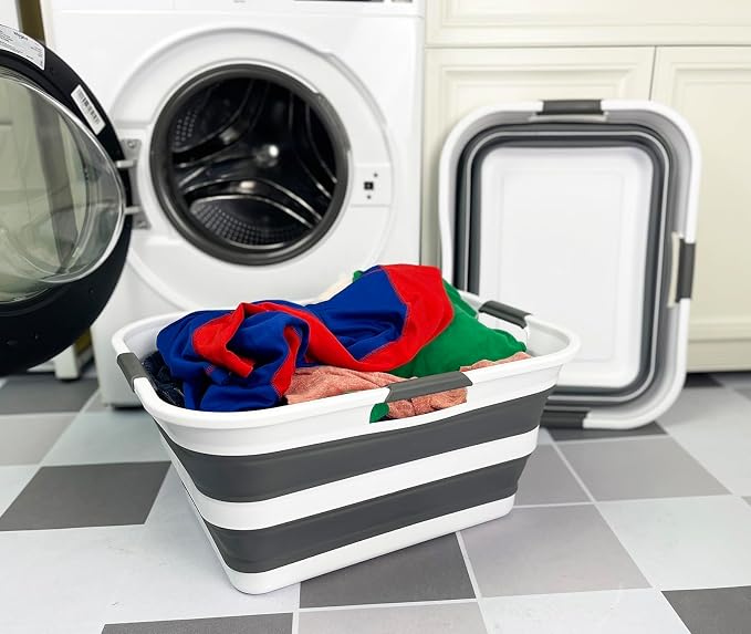 SAMMART Set of 2 Collapsible Plastic Laundry Basket/Organizer-Washing Tub-Foldable Pop Up Storage Container-Space Saving/Portable Hamper. Ideal for Home, Travel, Dorm & Camping (White/Steel Grey, 42L) - Image 3