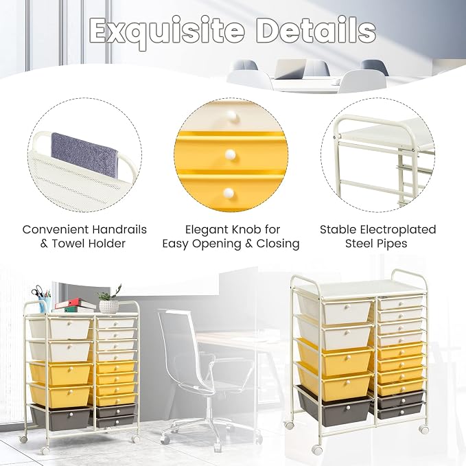 DREAMADE Rolling Cart with 15 Drawers, Lockable Wheels, Removable & 2-Sized Storage, Art Cart for School, Home, Crafts, Scrapbook (Yellow) - Image 6
