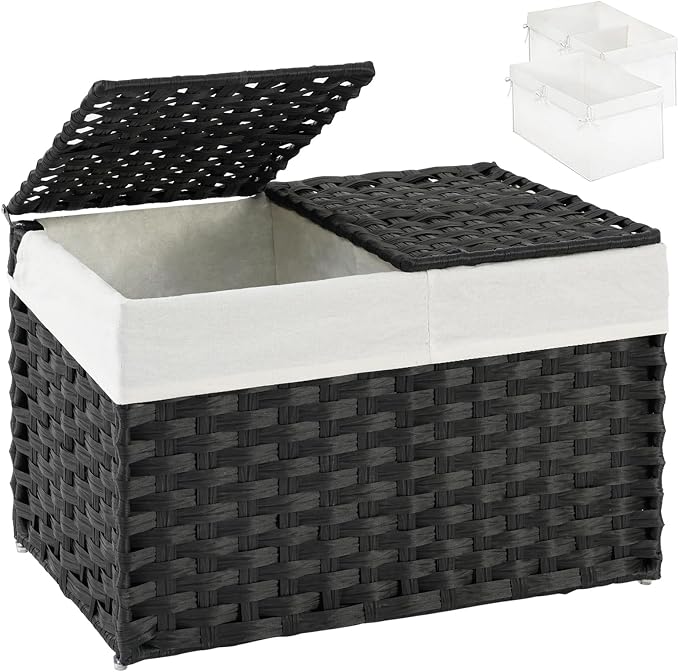 SETVSON Storage Basket with Lid PE Rattan Woven Storage Bins, 65L Black | 65L Storage Bin with 2 Separate Lids, 2 Removable Liner Bags with Divider, Sturdy Metal Frame, Foldable Side Handles by SETVSON