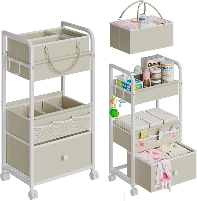 Cidaziya 2In1 Baby Diaper Caddy Organizer and Storage, 3 Tier Rolling Cart with Drawer, Detachable Dividers, Mobile Utility Cart Baby Dresser Clothes Organizer for Baby Essentials, Bedroom, Nursery by Cidaziya