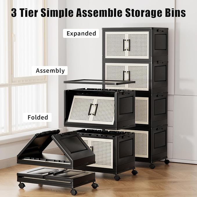 Storage Bins with Lids, Stackable Storage Containers with Lids, Collapsible Plastic Bins, Closet Organizers and Storage with Wheels and Magnetic Door for Home Office Dorm (4 Pack) - Image 2