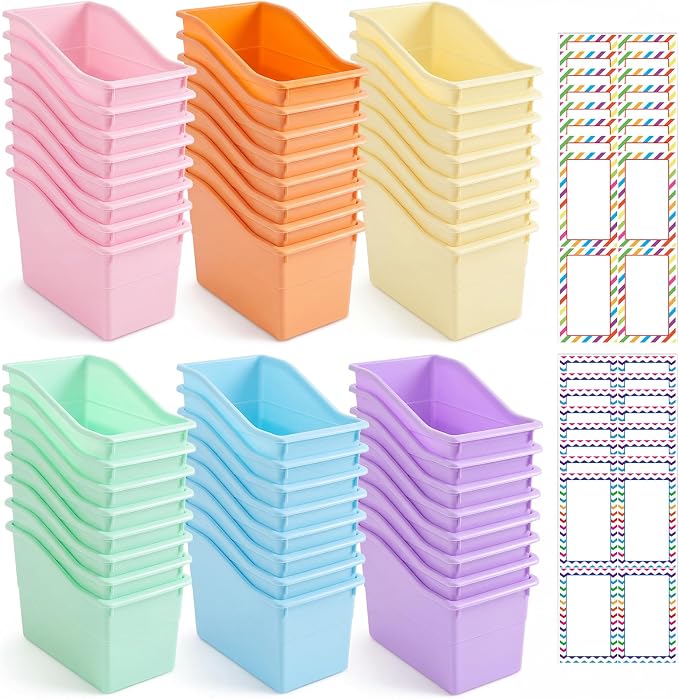 Blosssound 48 Set Book Bins for Classroom Stackable,Pastel | Plastic Baskets with Labels, Slanted Front, Library Supplies Organizers, Desktop Storage Bins, Teachers Home School Use by Blosssound