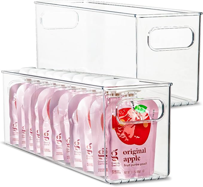 Plastic Food Storage 2 Pack Clear Container Bin with Handles for Organizing Kitchen, Pantry, Refrigerator, Freezer, Pantry, Cabinet, Closet, Bathroom. 14”x4”x5” by primebox