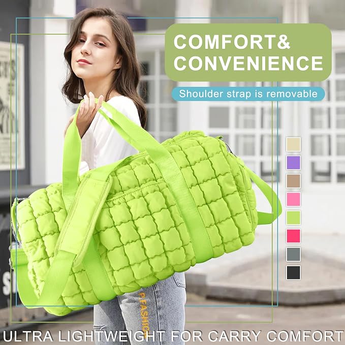 Quilted Travel Duffle Bag Gym Bag for Women,Large Puffer Duffle Weekender Bag with Compartment,Workout Overnight Carry on Organizer Bag Duffle Bag for Airplane Travel(L-Green) - Image 3