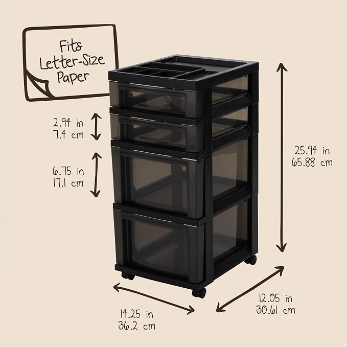 IRIS USA 4-Drawer Rolling Storage Cart with Wheels, Black/Gray | Keep classroom supplies, teacher essentials, craft materials, and learning tools organized with easy-access drawers. - Image 3