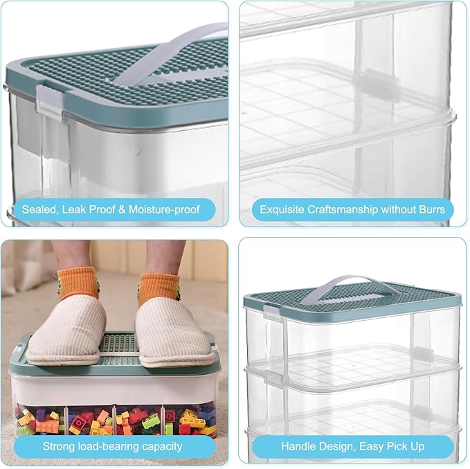 Toys Organizer Storage Case for Lego Box Kids Toy Stackable Building Blocks with Lids Bins Adjustable Lego Storage Containers Plastic Toy Box Green 2 Layers - Image 7