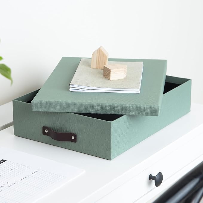 Bigso Oskar Canvas Fiberboard Document Letter Box for Important Paperwork A4 or Letter Size - Durable Keepsake Box with Lid and Leather Handle - 3.3in x 10.2in x 13.8in - Soft Teal - Image 7