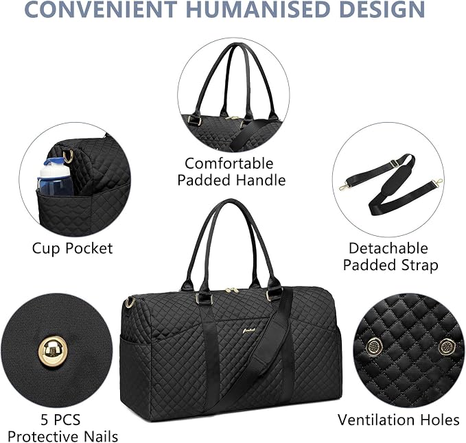 Women Weekender Travel Duffle Bag: Travel Duffel Overnight Bags with Shoe Compartment Large Carry on Tote with Toiletry Bag Weekend Traveling Yoga Gym Hospital Bag for Women with Wet Pocket Black - Image 4