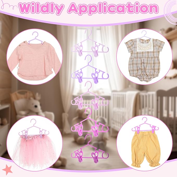 Hsei Baby Hanger with Clip for Pant,120 Packs Total,Pink Series,10.6 Inch | 40 Kids Plastic Hanger with 80 Clips for Newborn, Nursery, Daycare, Preschool, Closet, Wardrobe Organizer for Baby Shower - Image 3