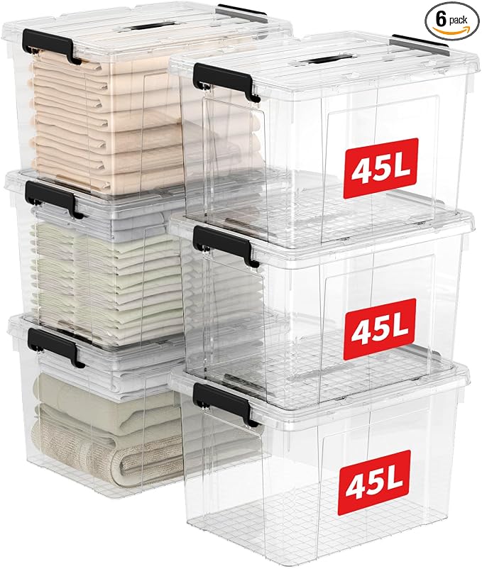 Cetomo Lidded Storage Bin with Handle, Storage Bins with Lid, Organizing Container with Secure Latching Buckles, Stackable and Nestable, Plastic, 50 Quart-6 Pack, Clear by Cetomo