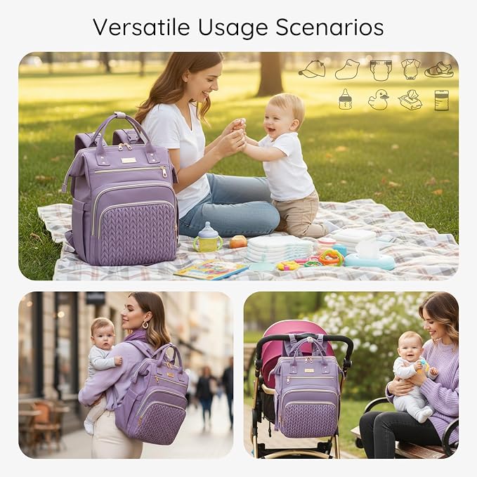 AIJIEKE Large Diaper Bag Backpack, Extra Wide Travel Diaper Bag, Purple | ulti-functional waterproof maternity bag. Changing pad, stroller straps, insulated wet/dry pocket. Mom, dad, toddler travel - Image 3