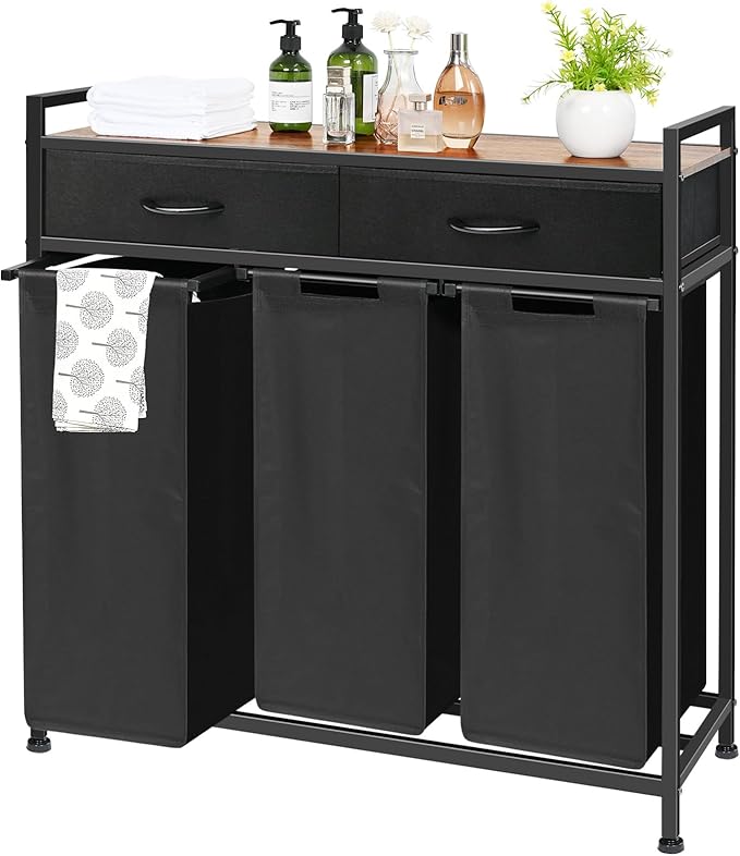 180L Laundry Sorter Hamper Basket 3 Section with Shelf & 2 Drawers | 3 Compartment Clothes Storage Organizer Cart, Pull-Out Removable Oxford Fabric Bags by Ollieroo