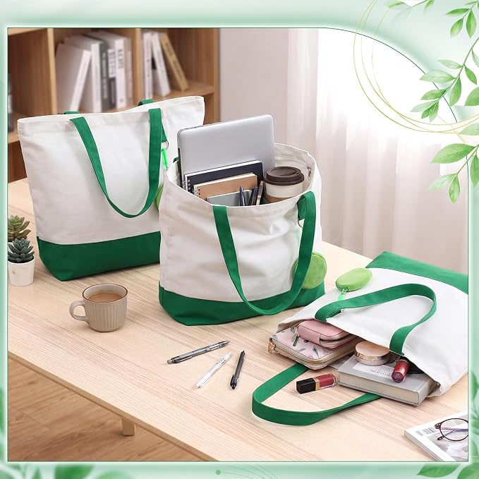 Sanwuta Canvas Tote Bags Bulk with Zipper and Plush Coin Purses 18.5" Reusable Cotton Shopping Bags with Handle for DIY Craft - Image 3
