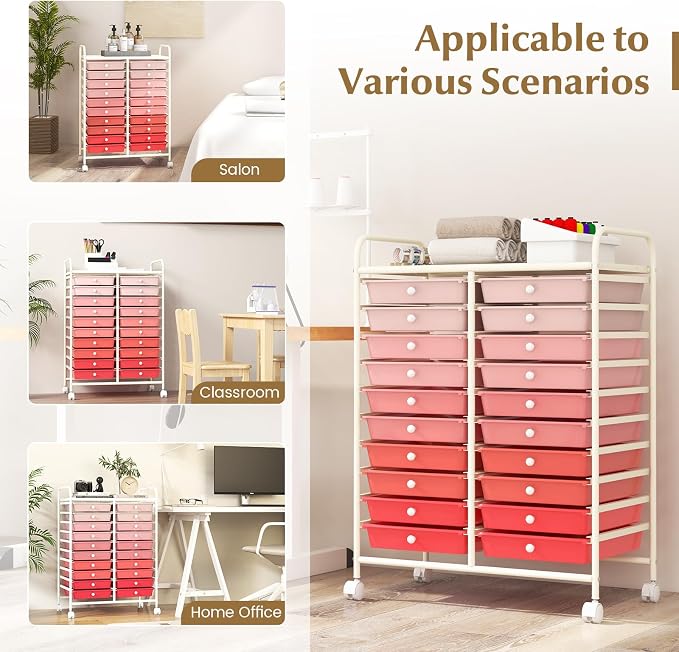 RELAX4LIFE 20 Drawer Rolling Storage Cart, Mobile Rolling Cart w/Drawers for School Classroom Teacher Office Home Salon, Paper File Art Supply Craft Organizer, Utility Cart on Wheels (Gradient Pink) - Image 7
