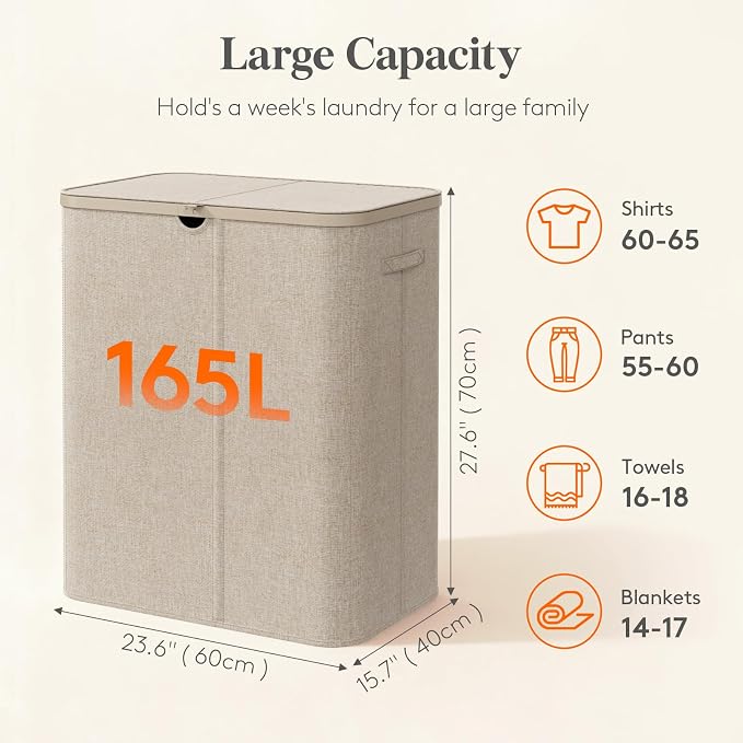 Lifewit 165L 3 Section Laundry Hamper with Lid, Laundry Basket, Beige | Large Foldable Laundry Sorter with 3 Removable Bags, Tall Clothes Hamper for Bedroom and Bathroom - Image 2