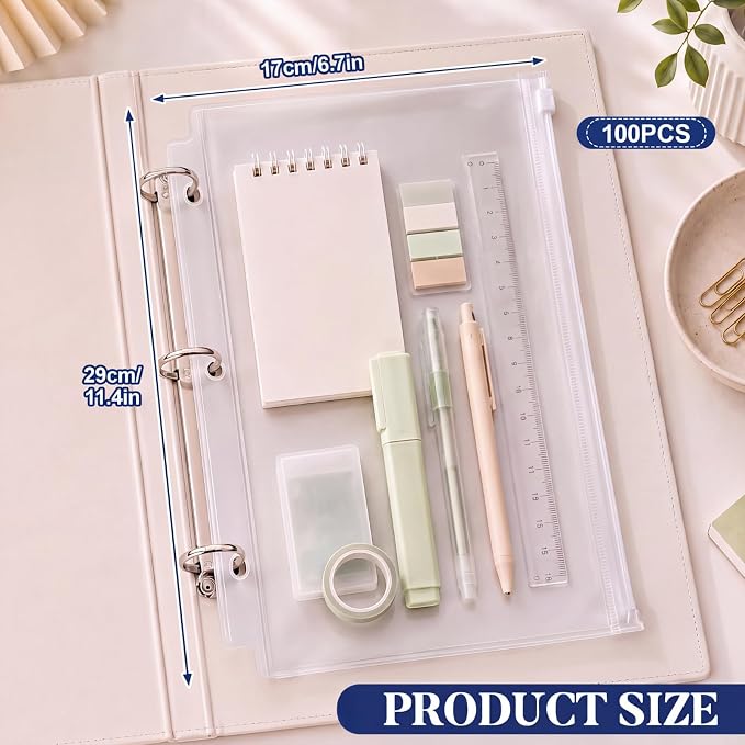 Gilprop 100 Pcs Clear Binder Zipper Pouches 3 Rings PVC Waterproof Loose Leaf Bags Letter Size Binder Pockets 11.5 x 6.7'' Fill Folders Document Organizer for Office Supplies Filling Storage - Image 2