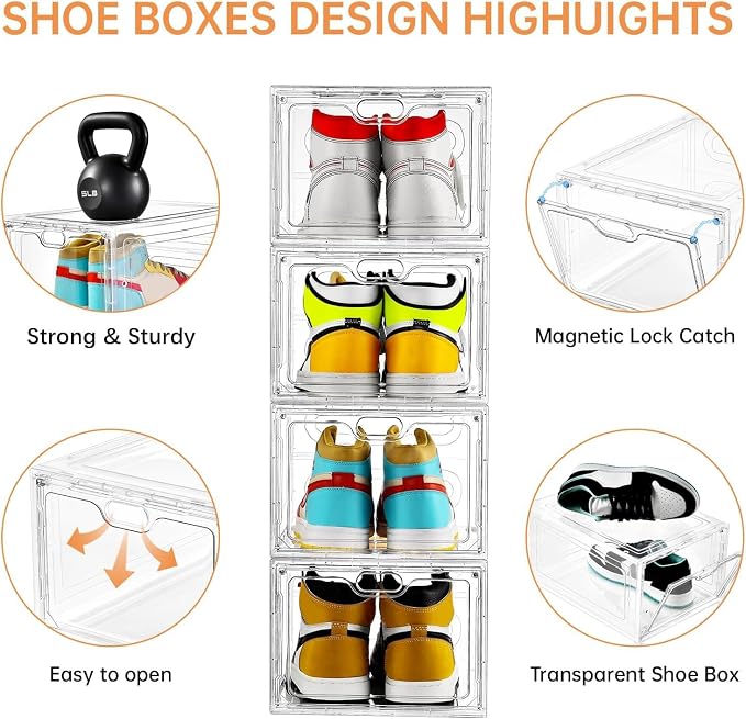INSTY 6 Pack Large Shoe Storage Box, Clear Shoe Storage Organizer with Magnetic Door, Stackable,Shoe Containers For Display Sneakers, Easy Assembly, Fit up to US Size 12, Clear - Image 3