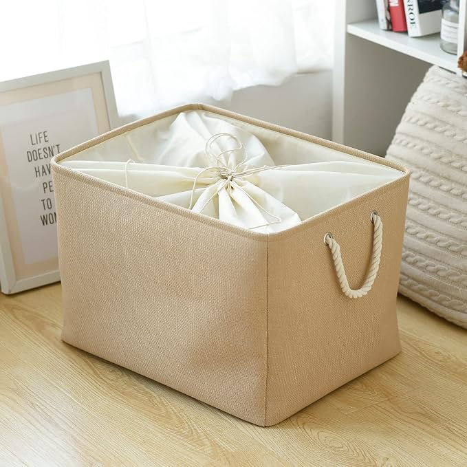 Storage Bin for Shevles - Extra Jumbo 3Pack 20.5L×15.7W×13.8H inch Organization and Storage Basket for Organizing, Fabric Storage Cubes for Closet Shoe Linen Decorative (Beige) - Image 3